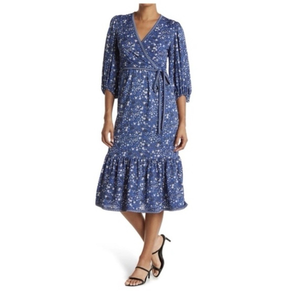 Max Studio Womens Medium Wrap Dress Blue Floral Balloon Sleeve Ruffle Midi Boho